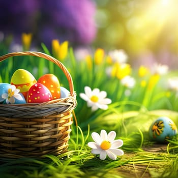 Basket of easter eggs on green grass with flowers at sunny day.