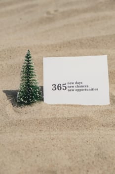 365 NEW DAYS CHANCES OPPORTUNITIES text on paper greeting card on background sandy beach sun coast. Christmas balls Santa hat New Year New Me Resolutions decoration. Summer vacation decor. Holiday concept calendar date postcard. Getting away Travel Business concept