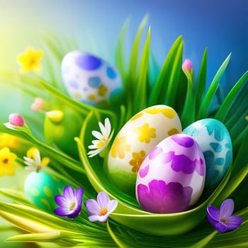 Basket of easter eggs with flowers spring