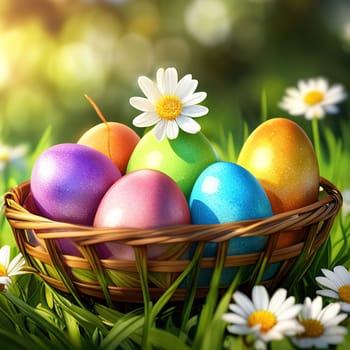 Close-up of easter eggs on grassy field with flowers in a sunny garden