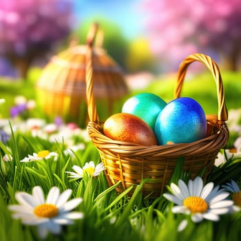 Basket of easter eggs with flowers spring