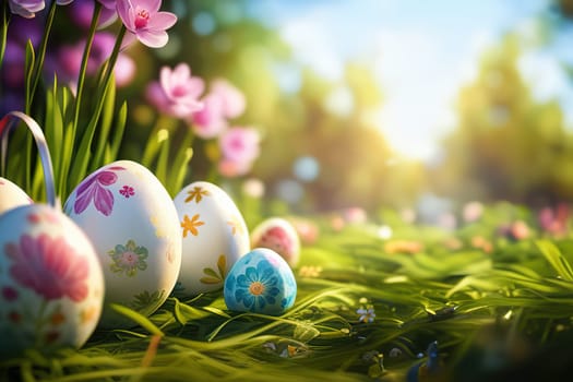 Basket of easter eggs on green grass with flowers at sunny day.