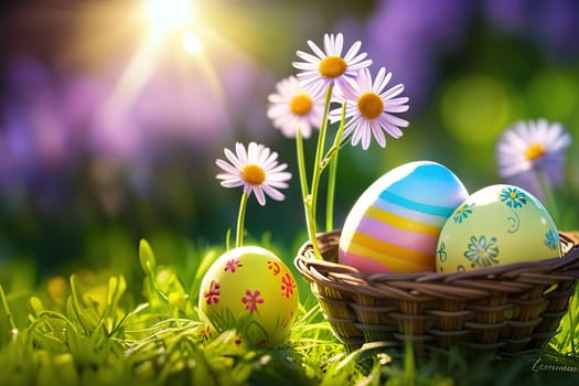 Basket of easter eggs with flowers on the grass in a sunny spring garden