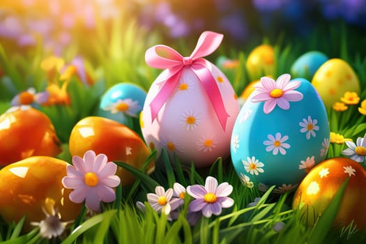 Basket full of colorful easter eggs on green grass in the garden on a sunny day.