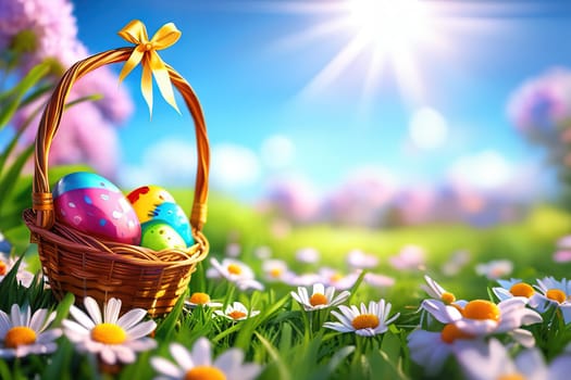 Easter, Painted Eggs In Basket On Grass In Sunny Orchard with Blooming Flowers