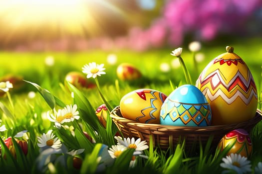 Basket of easter eggs on green grass with flowers at sunny day.