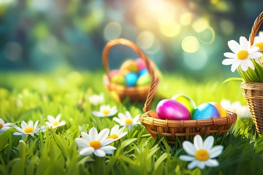 Basket full of colorful easter eggs on green grass in the garden on a sunny day.