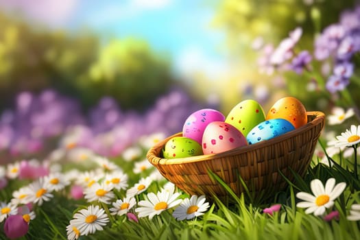 Close-up of easter eggs on grassy field with flowers in a sunny garden