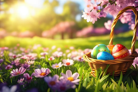 Basket of easter eggs with flowers spring