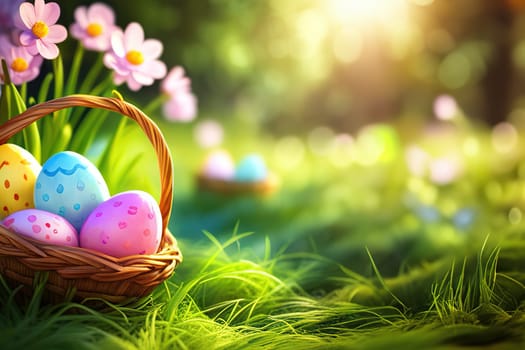 Basket of easter eggs with flowers on the grass in a sunny spring garden