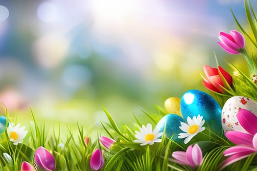 Close-up of easter eggs on grassy field with flowers in a sunny garden