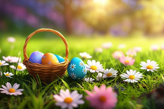 Close-up of easter eggs on grassy field with flowers in a sunny garden