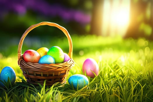 Basket of easter eggs with flowers on the grass in a sunny spring garden