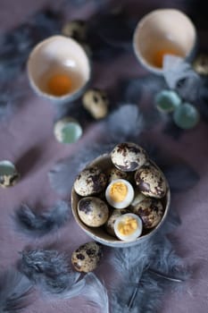 quail eggs in ceramic vases, gray feathers on the table, Easter still life with dietary eggs, diet and antioxidants, dark key and shallow depth of field, high quality photo