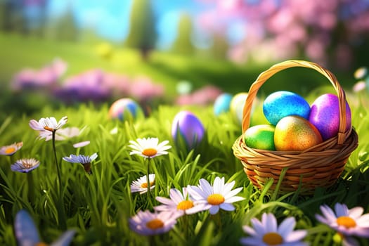 Basket of easter eggs on green grass with flowers at sunny day.