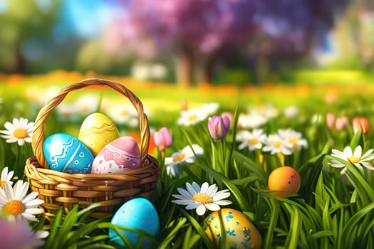 Basket full of colorful easter eggs on green grass in the garden on a sunny day.