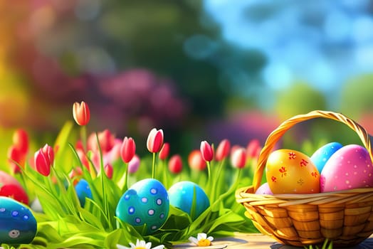 Easter basket with eggs and flowers, sunny meadow background, green grass and sunny spring background.