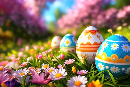 Basket with easter eggs in grass on a sunny spring day Easter decoration, banner, panorama, background.