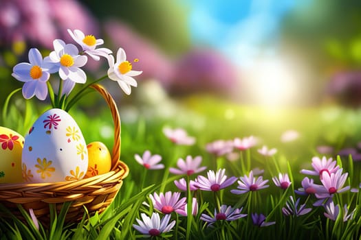 Basket with easter eggs in grass on a sunny spring day Easter decoration, banner, panorama, background.