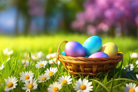 Easter, Painted Eggs In Basket On Grass In Sunny Orchard with Blooming Flowers