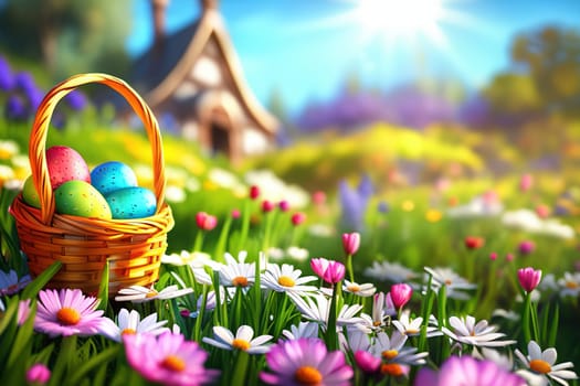 Basket of easter eggs with flowers on the grass in a sunny spring garden