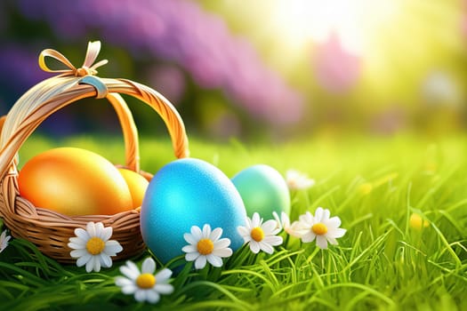 Basket of easter eggs on green grass with flowers at sunny day.