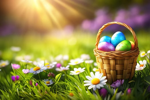 Easter, Painted Eggs In Basket On Grass In Sunny Orchard with Blooming Flowers