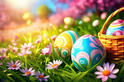 Easter, Painted Eggs In Basket On Grass In Sunny Orchard with Blooming Flowers