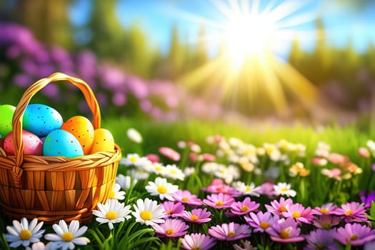 Easter, Painted Eggs In Basket On Grass In Sunny Orchard with Blooming Flowers