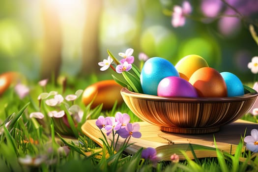 Basket full of colorful easter eggs on green grass in the garden on a sunny day.