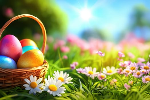 Close-up of easter eggs on grassy field with flowers in a sunny garden