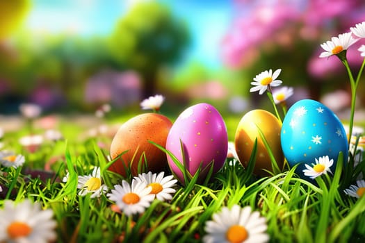 Basket of easter eggs with flowers on the grass in a sunny spring garden