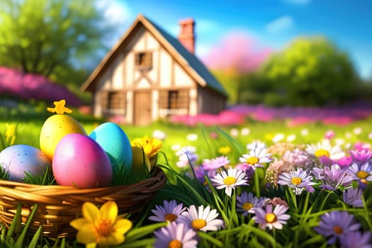 Easter, Painted Eggs In Basket On Grass In Sunny Orchard with Blooming Flowers