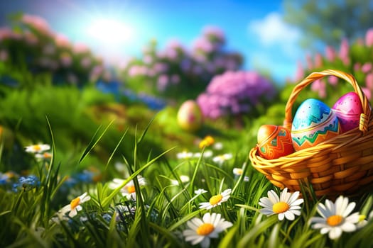 Easter, Painted Eggs In Basket On Grass In Sunny Orchard with Blooming Flowers