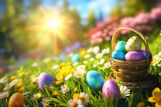 Easter, Painted Eggs In Basket On Grass In Sunny Orchard with Blooming Flowers