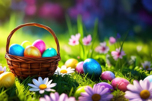 Basket with easter eggs in grass on a sunny spring day Easter decoration, banner, panorama, background.