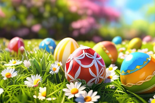 Easter basket with eggs and flowers, sunny meadow background, green grass and sunny spring background.
