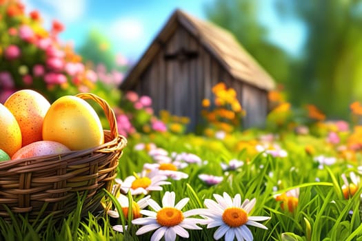 Basket full of colorful easter eggs on green grass in the garden on a sunny day.