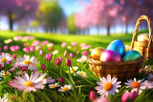 Basket full of colorful easter eggs on green grass in the garden on a sunny day.