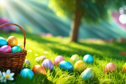 Easter basket with eggs and flowers, sunny meadow background, green grass and sunny spring background.