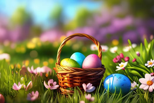 Easter basket with eggs and flowers, sunny meadow background, green grass and sunny spring background.