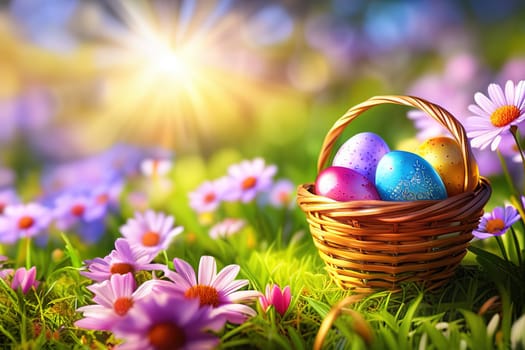 Easter basket with eggs and flowers, sunny meadow background, green grass and sunny spring background.