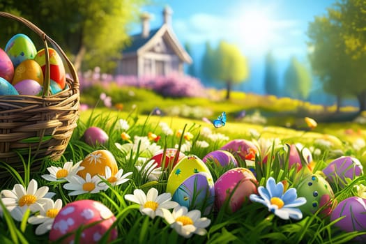 Close-up of easter eggs on grassy field with flowers in a sunny garden