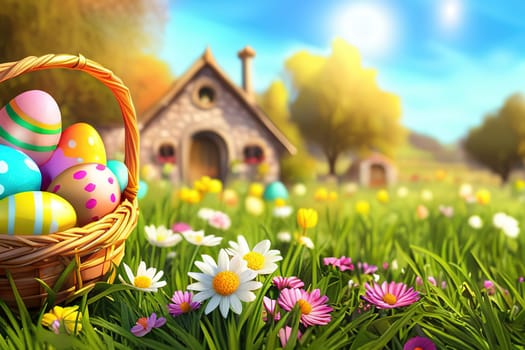 Easter basket with eggs and flowers, sunny meadow background, green grass and sunny spring background.