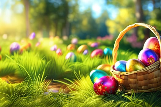 Basket with easter eggs in grass on a sunny spring day Easter decoration, banner, panorama, background.