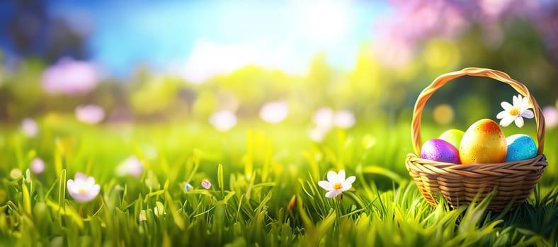 Basket of easter eggs with flowers on the grass in a sunny spring garden