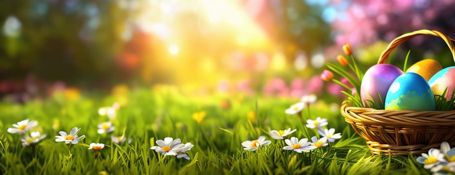 Basket of easter eggs with flowers on the grass in a sunny spring garden