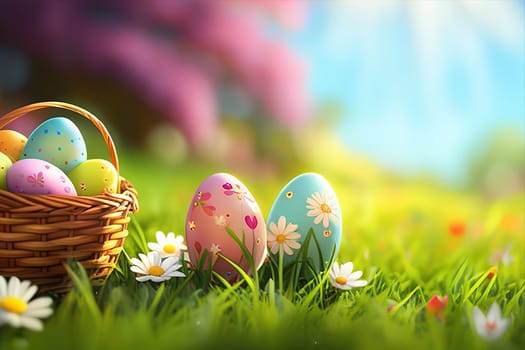 Basket with easter eggs in grass on a sunny spring day Easter decoration, banner, panorama, background.