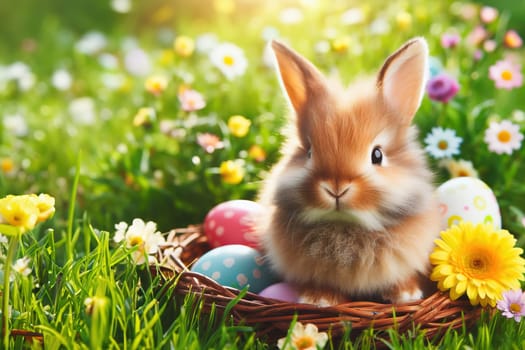 Cute rabbit and Basket full colorful easter eggs on green grass in garden on sunny day.