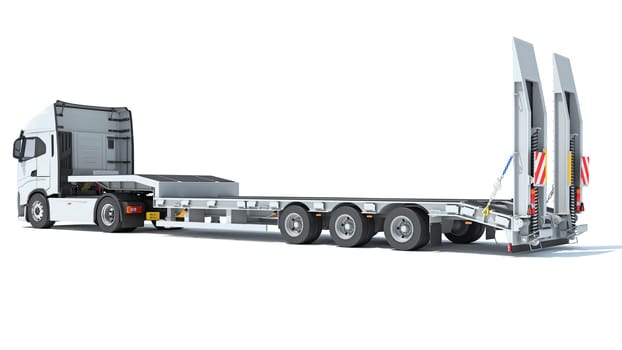 Semi Truck with Lowboy Platform Trailer 3D rendering model on white background